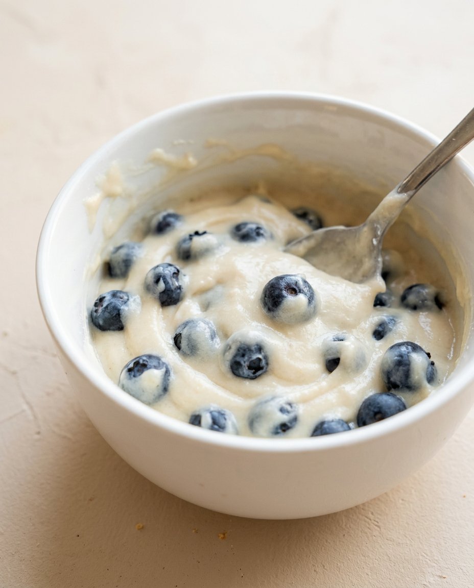 Mixing the simple batter for an Easy Blueberry Mug Cake with a small wire whisk.