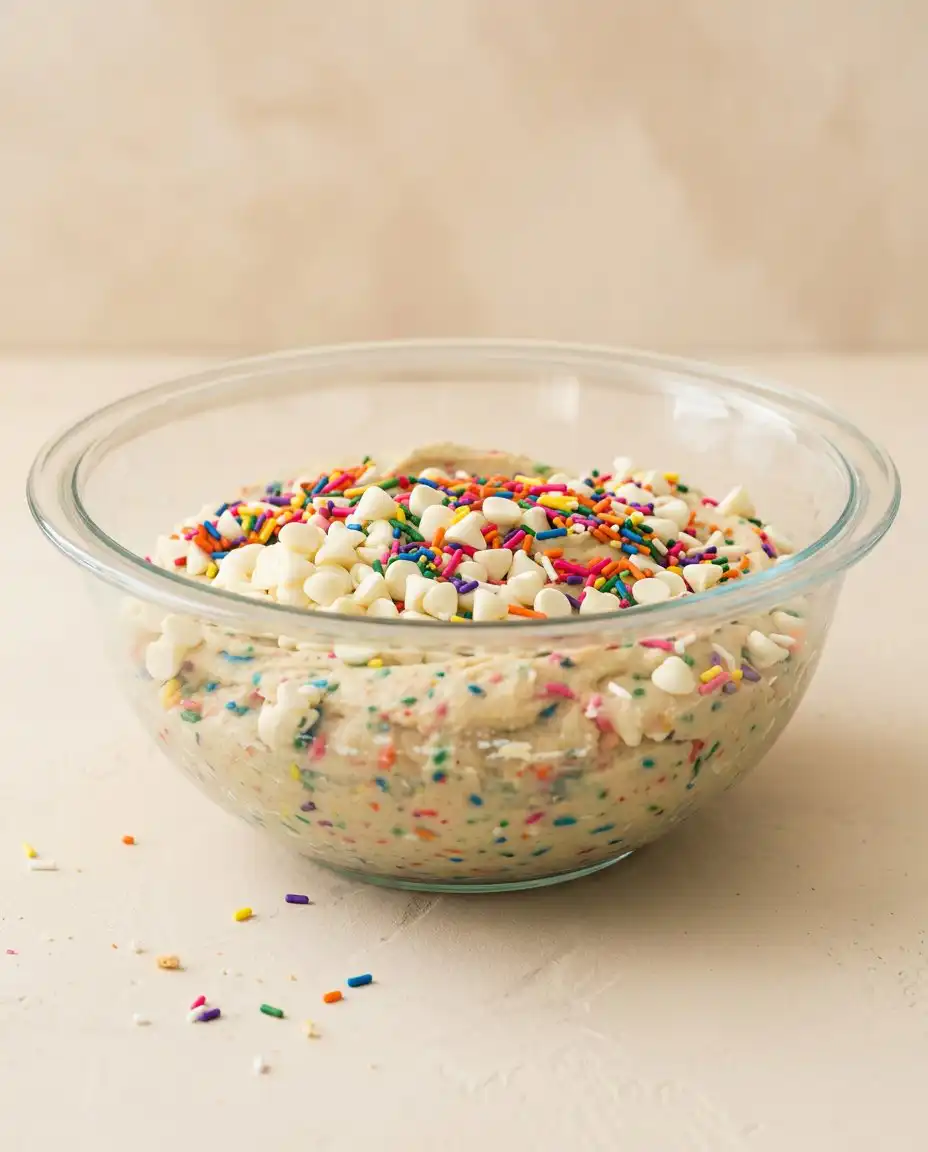 Thick cookie dough mixed with white chocolate chips and rainbow sprinkles in a stoneware bowl