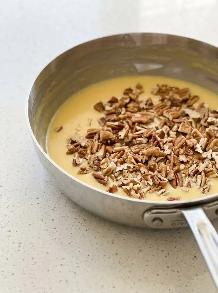 Cooking the custard base for Classic German Chocolate Cake with Coconut Pecan Frosting in a saucepan