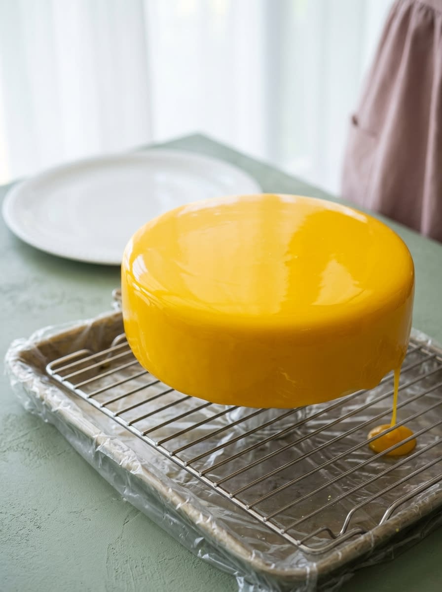 Mango Passion Fruit Mousse Cake 12 A stunning Mango Passion Fruit Mousse Cake displayed on a vintage glass cake stand.