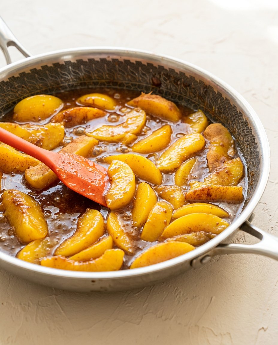 Old-Fashioned Peach Cake 15 An instant-read digital thermometer measuring the internal temperature of a baked Old-Fashioned Peach Cake.