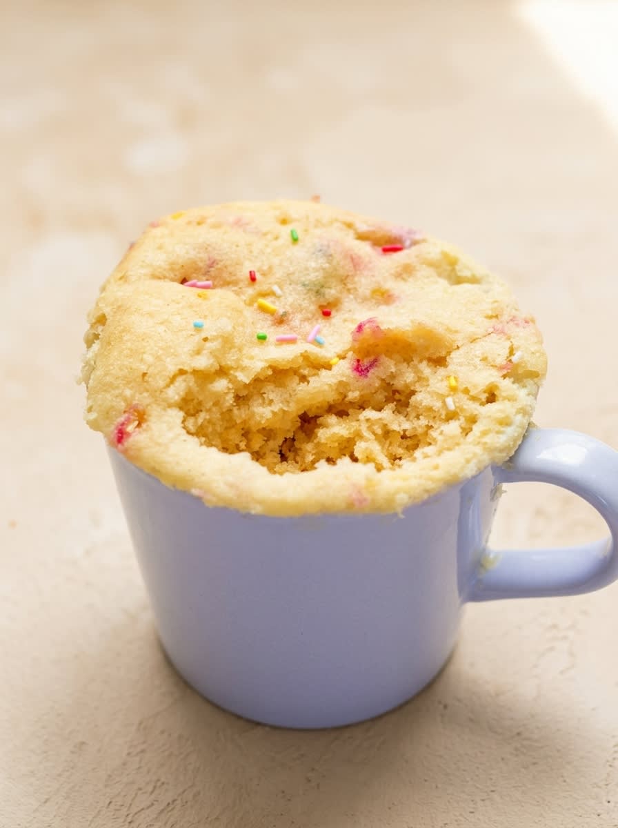 1-Minute Vanilla Mug Cake 16 A warm 1-Minute Vanilla Mug Cake served alongside a cold glass of sweet tea on a wooden porch table.