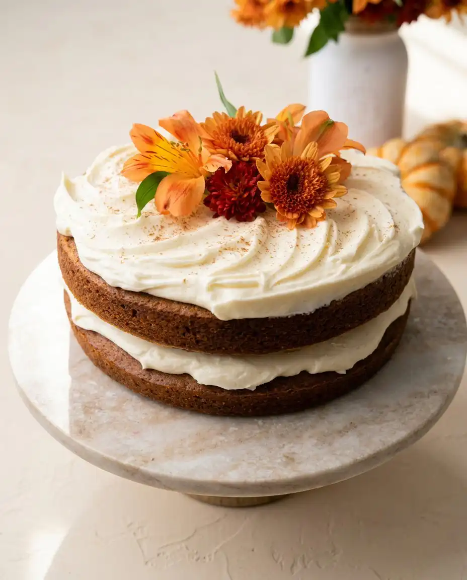 Brown Butter Pumpkin Cake 12 A golden brown butter pumpkin cake on a vintage pedestal stand with warm autumn spices.