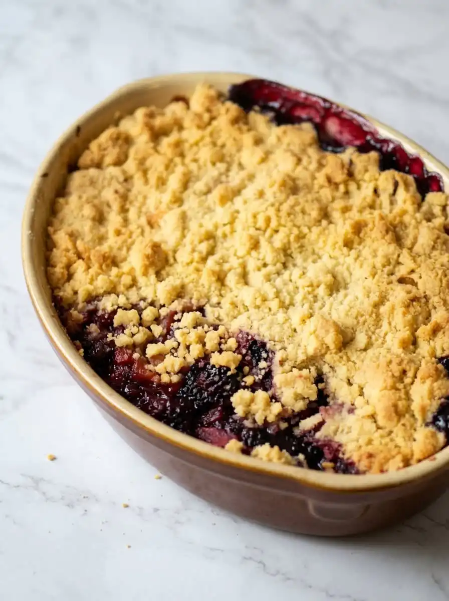 A slice of warm Blackberry Apple Dump Cake served on a white plate with cold cream
