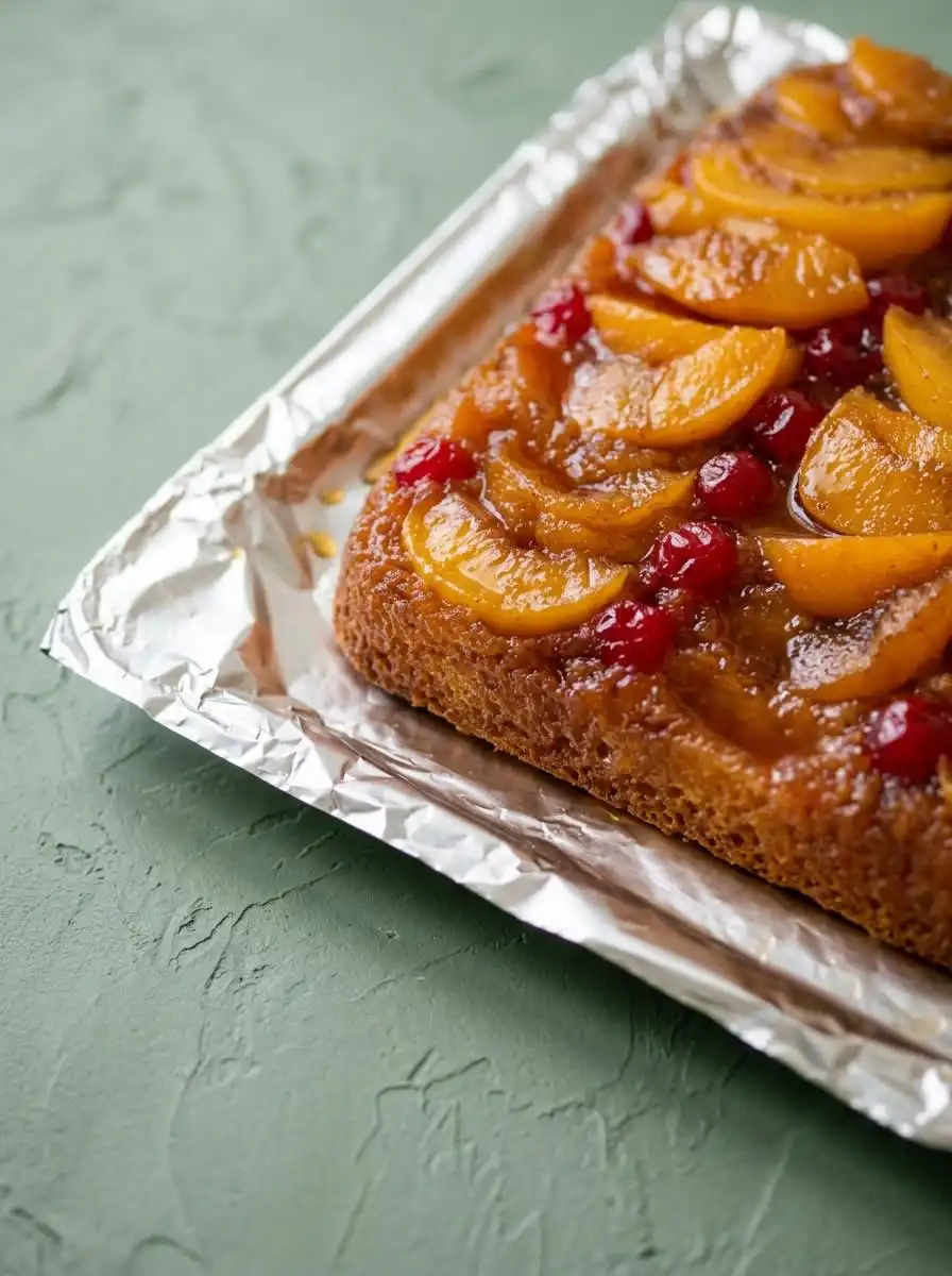 Peach Upside Down Cake with White Box Cake Mix 12 A freshly flipped Peach Upside Down Cake with White Box Cake Mix on a vintage white platter.