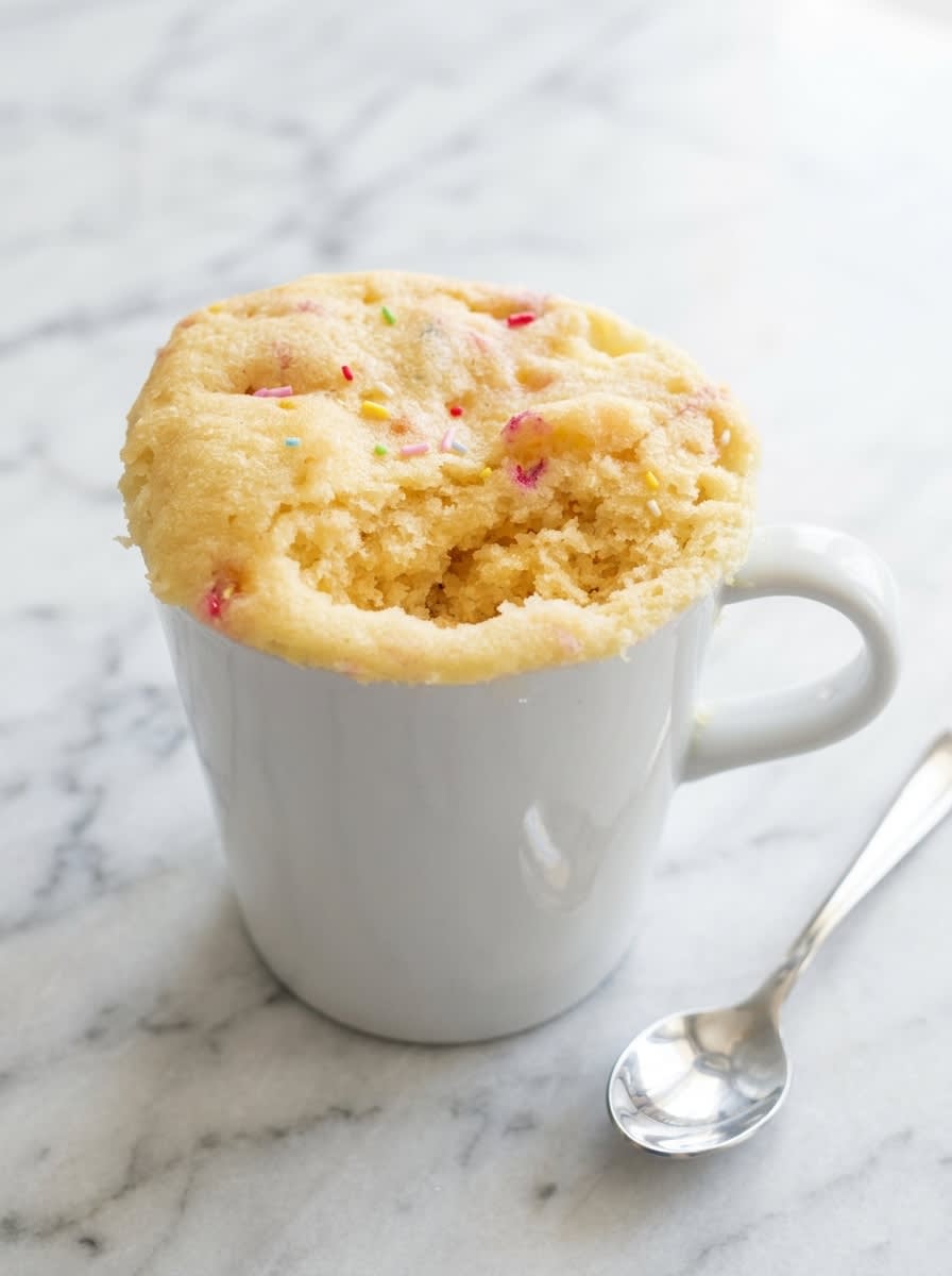 1-Minute Vanilla Mug Cake 12 A freshly baked 1-Minute Vanilla Mug Cake topped with colorful sprinkles in a rustic ceramic mug.