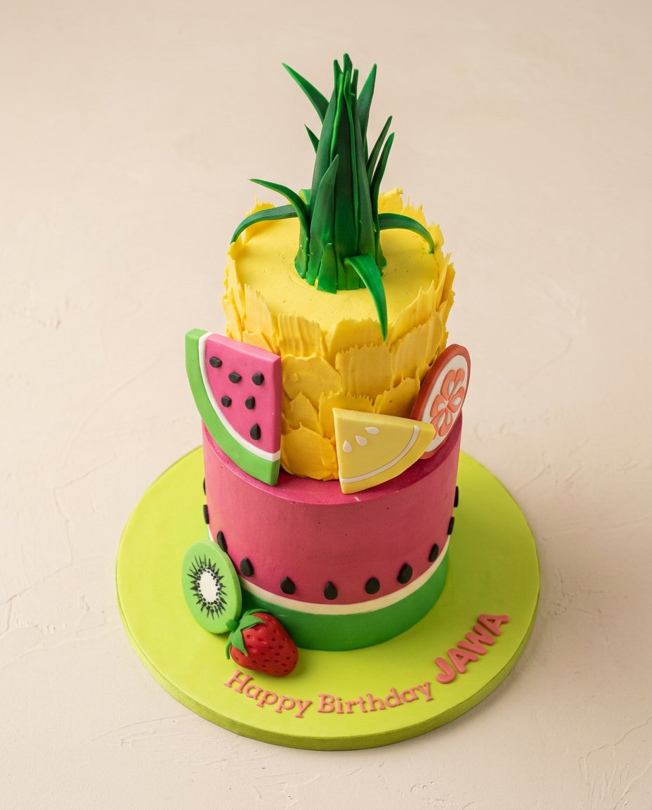 Watermelon and Pineapple Tropical Fruit Cake 12 A rustic Watermelon and Pineapple Tropical Fruit Cake stacked elegantly on a white platter on a farmhouse table