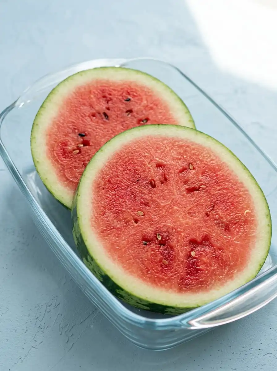 Slices of watermelon arranged with wooden sticks for Frozen Watermelon Teething Pops.