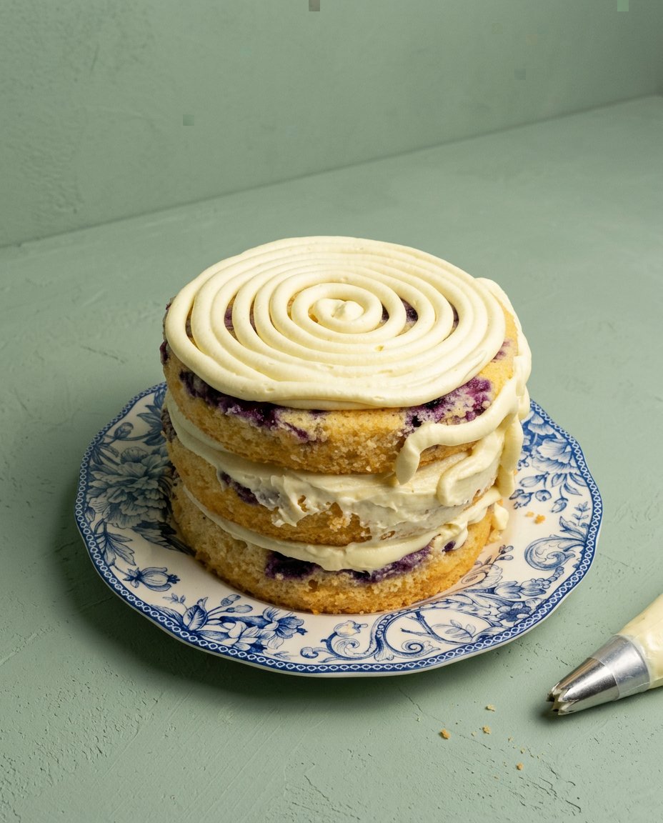 Lemon Blueberry Layer Cake with Cream Cheese Frosting 15 A stand mixer whipping cream cheese frosting to a stiff stable peak.