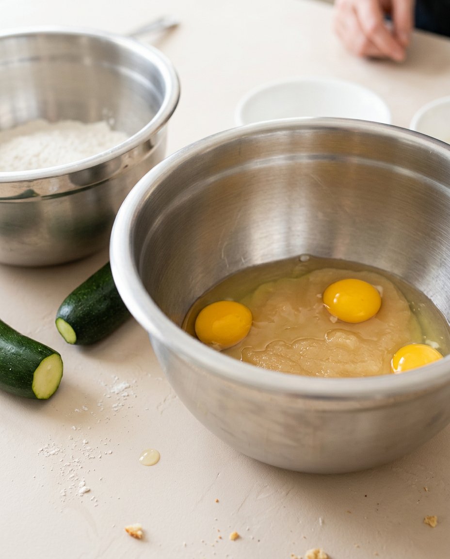 Fresh zucchini dark cocoa powder and eggs for healthy chocolate zucchini cake