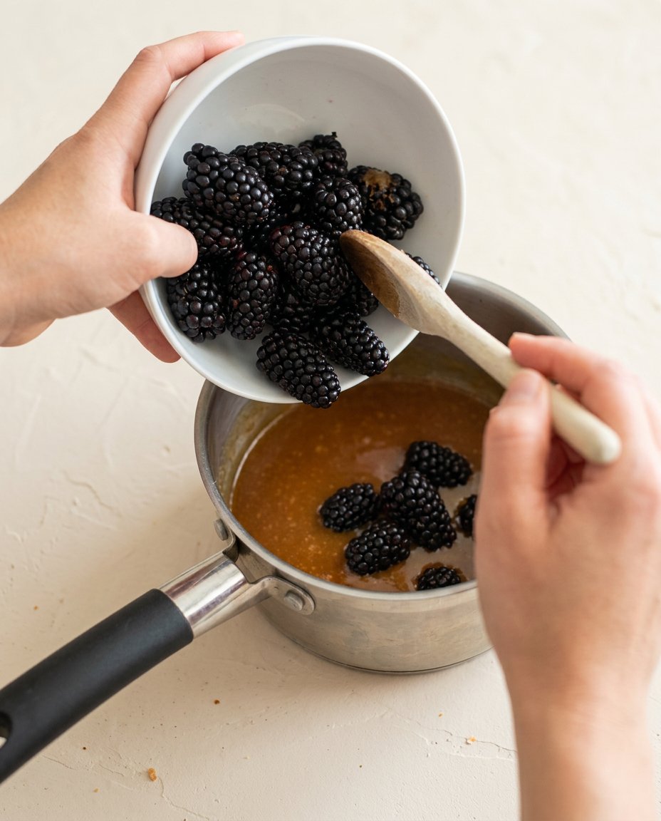 Fresh wild blackberries in an enamel bowl alongside farm butter and flour.